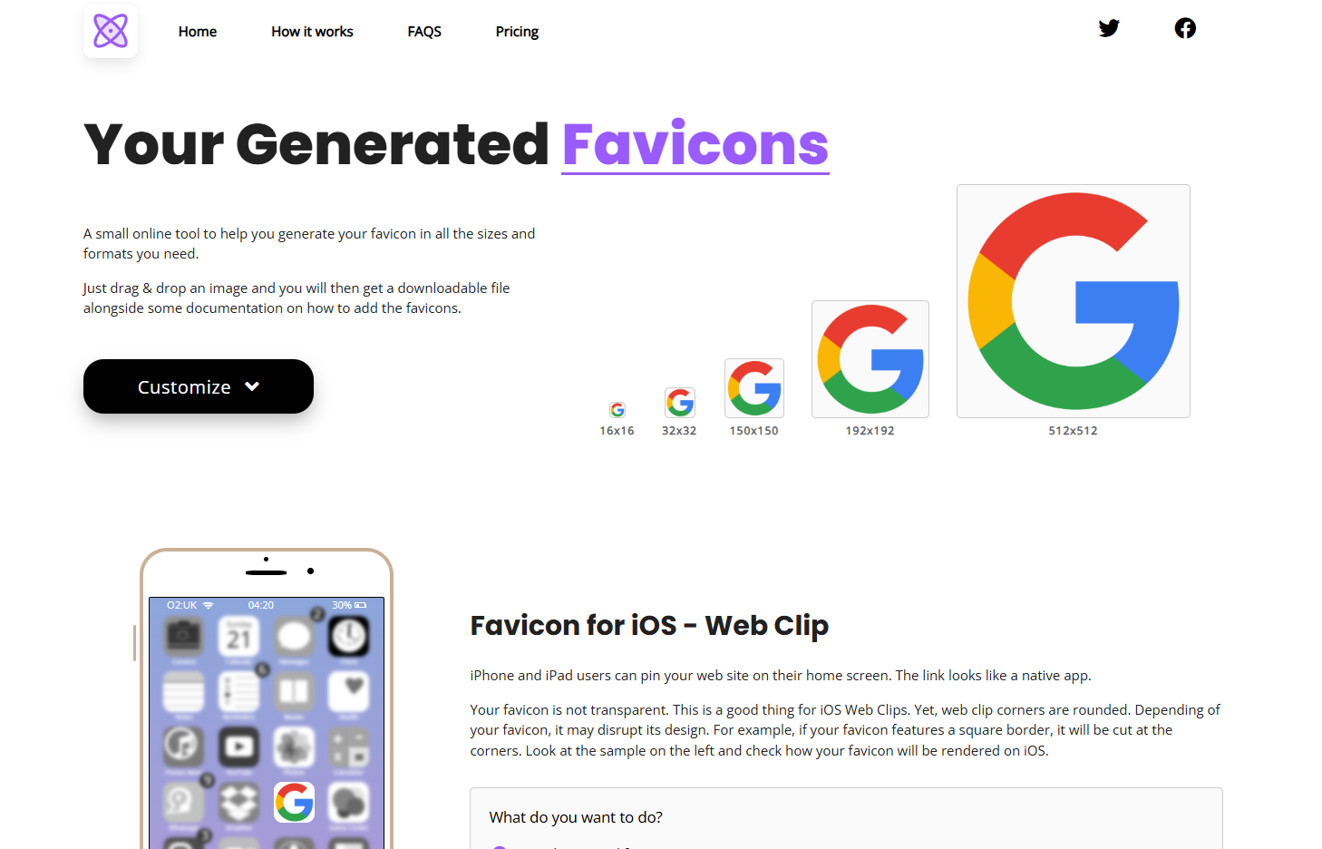Rezultatų puslapis, rodantis favicon peržiūras keliomis raiškomis ir tiesioginę peržiūrą iOS.