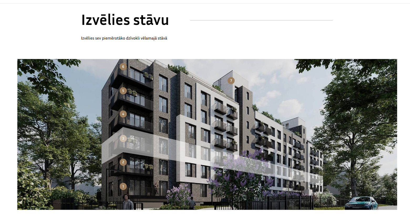 Aukštų pasirinkimo puslapis su interaktyvia pastato vizualizacija ir numeruotais aukštais.
